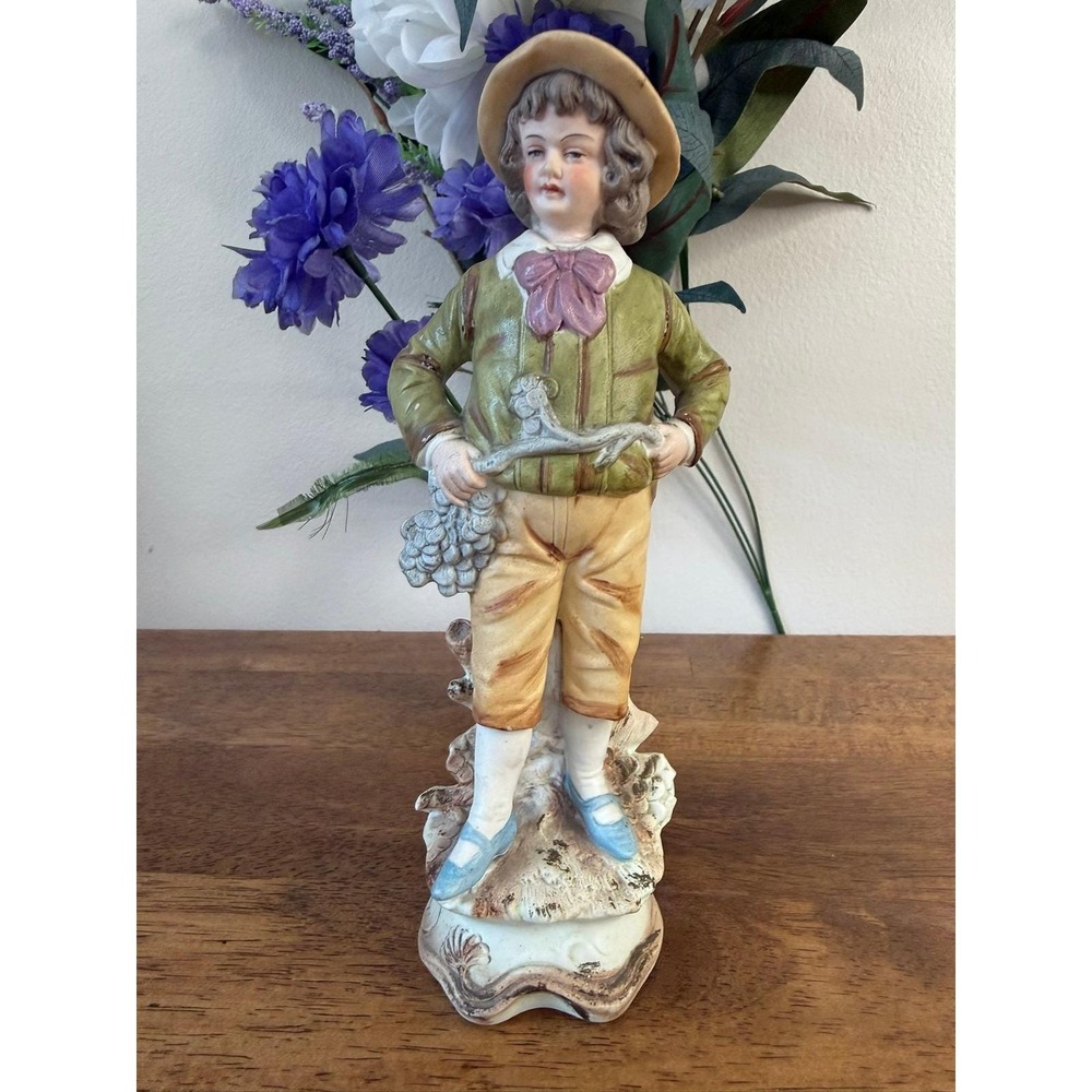 Vintage Porcelain Boy Figurine Holding Grapes Hand Painted Rococo Style